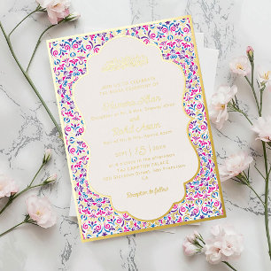 Invitación Con Relieve Metalizado Perla Blanca Clásica Joyas de Oro Boda Musulmana