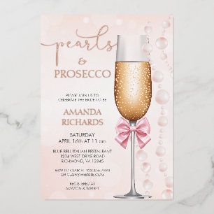 Invitación Con Relieve Metalizado Perlas elegantes y ducha de novia del Prosecco