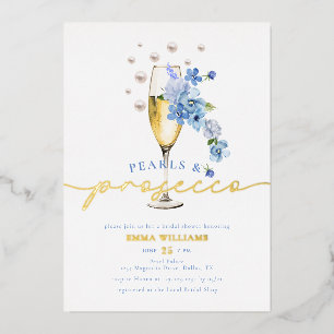 Invitación Con Relieve Metalizado Perlas Florales Azules y Ducha Bridal Prosecco