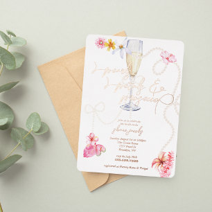 Invitación Con Relieve Metalizado Perlas, Pétalos + Prosecco   Despedida de soltera 