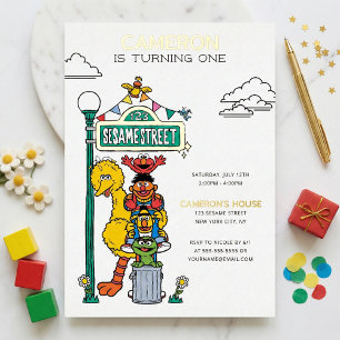 Invitación Con Relieve Metalizado Personajes de Sesame Street y cartel de cumpleaños