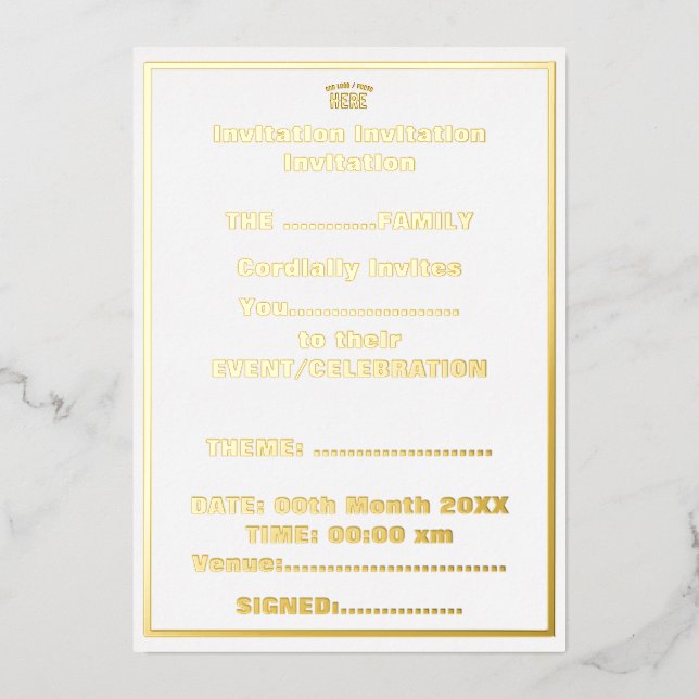INVITACIÓN CON RELIEVE METALIZADO PERSONALIZABLE MODERNO ESTILO BLANCO VERIFICADO MA (Anverso)