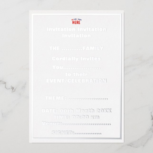 INVITACIÓN CON RELIEVE METALIZADO PERSONALIZABLE MODERNO ESTILO BLANCO VERIFICADO MA (Anverso)