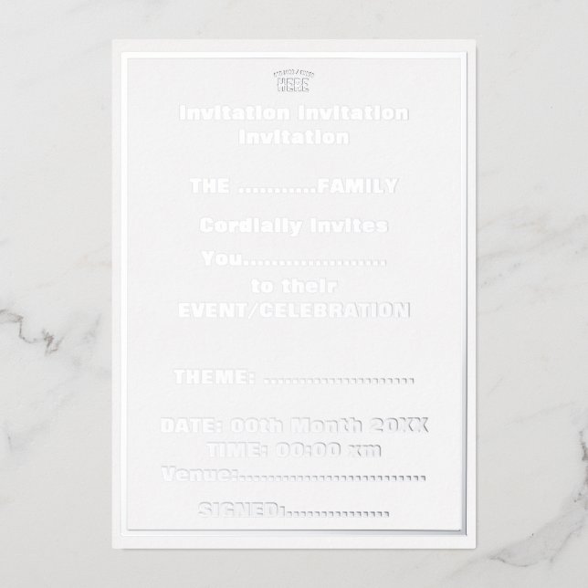 INVITACIÓN CON RELIEVE METALIZADO PERSONALIZABLE MODERNO ESTILO BLANCO VERIFICADO MA (Anverso)