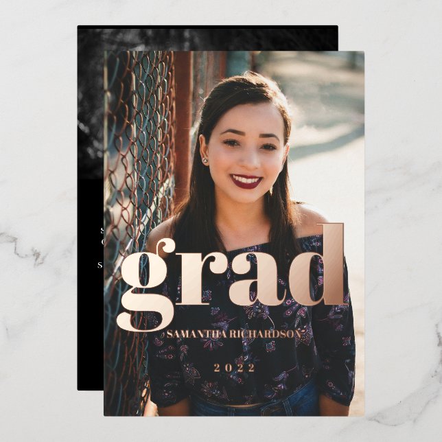 Invitación Con Relieve Metalizado Personalizado 2 Fotos Rosa Graduación de Oro (Anverso/Reverso)