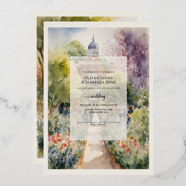 Invitación Con Relieve Metalizado Personalizado acuarela Chelsea Physic Boda Jardín (Anverso/Reverso)