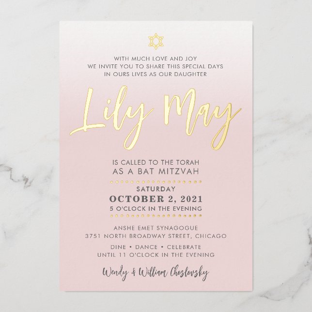 Invitación Con Relieve Metalizado PERSONALIZADO Bat Mitzvah Invite al oro rosa pálid (Anverso)