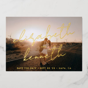 Invitación Con Relieve Metalizado Personalizado Dorado Nombres Modernos Foto Guardar