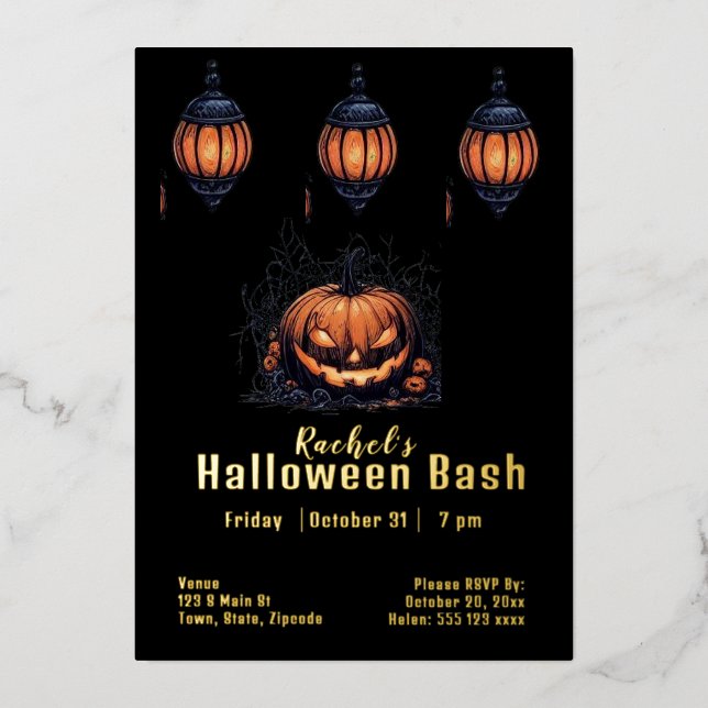 Invitación Con Relieve Metalizado Personalizado Halloween Jack-o-lantern (Anverso)