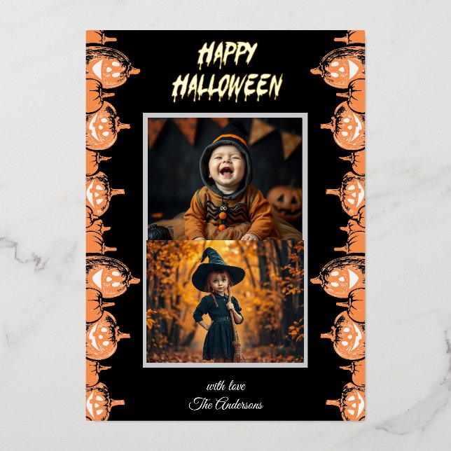Invitación Con Relieve Metalizado Personalizado "Happy Halloween" Dos fotos (Anverso)