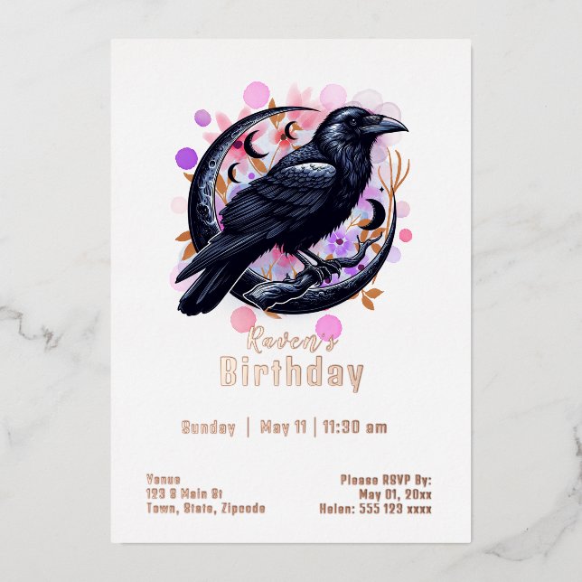 Invitación Con Relieve Metalizado Personalizado Raven Cumpleaños (Anverso)