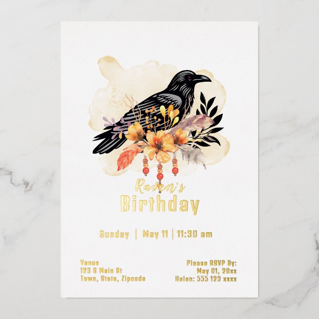 Invitación Con Relieve Metalizado Personalizado Raven Cumpleaños (Anverso)