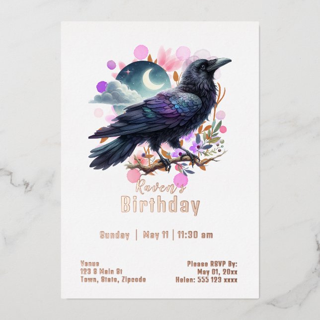Invitación Con Relieve Metalizado Personalizado Raven Cumpleaños (Anverso)
