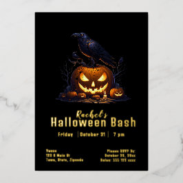 Invitación Con Relieve Metalizado Personalizado Raven Halloween Jack-o-lantern