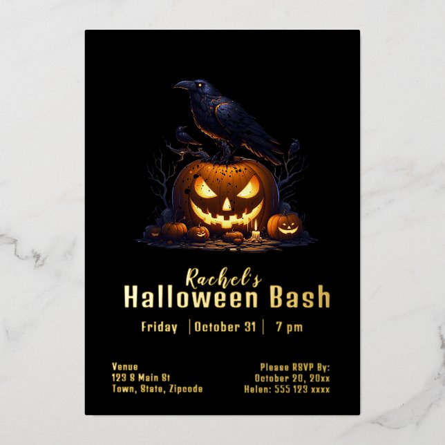 Invitación Con Relieve Metalizado Personalizado Raven Halloween Jack-o-lantern (Anverso)