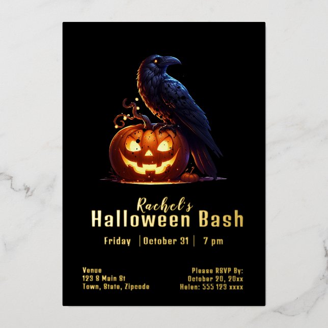 Invitación Con Relieve Metalizado Personalizado Raven Halloween Jack-o-lantern (Anverso)