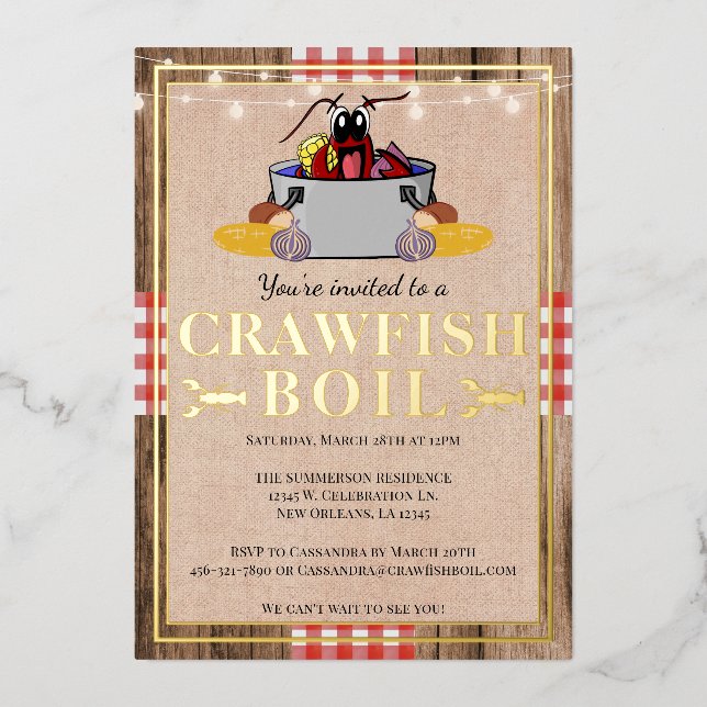 Invitación Con Relieve Metalizado Pescado de langosta hierve Fiesta familiar anual R (Anverso)
