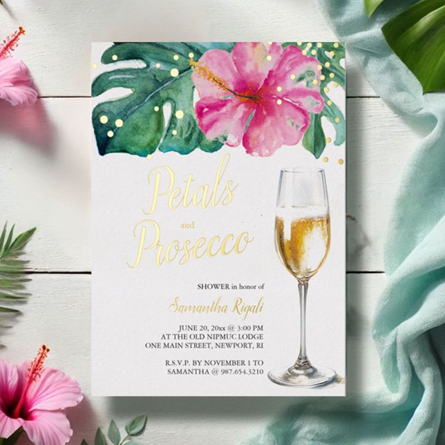 Invitación Con Relieve Metalizado Petales tropicales y ducha de novias Prosecco (bridal shower invitations tropical pink flowers gold foil brunch invitations)