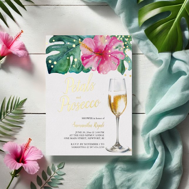 Invitación Con Relieve Metalizado Petales tropicales y ducha de novias Prosecco (bridal shower invitations tropical pink flowers gold foil brunch invitations)