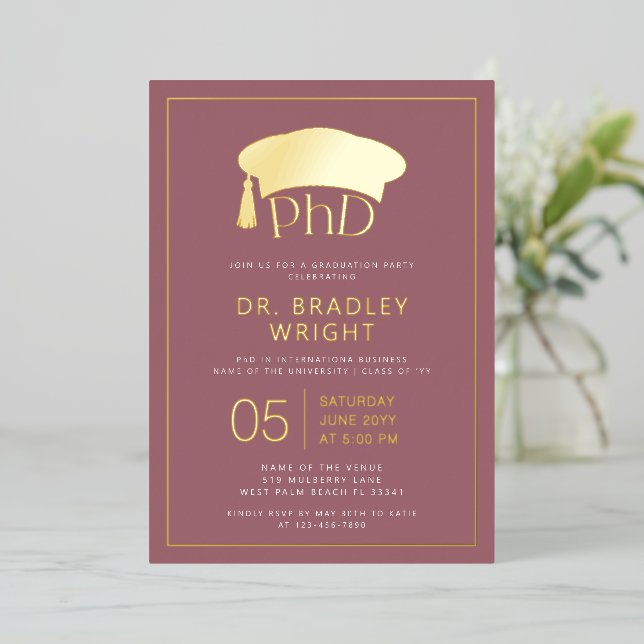 Invitación Con Relieve Metalizado Phd Doctorate Hat Doctoral Degree Graduation (Anverso de pie)