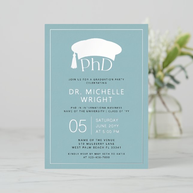 Invitación Con Relieve Metalizado Phd Doctorate Hat Doctoral Degree Graduation Foil (Anverso de pie)
