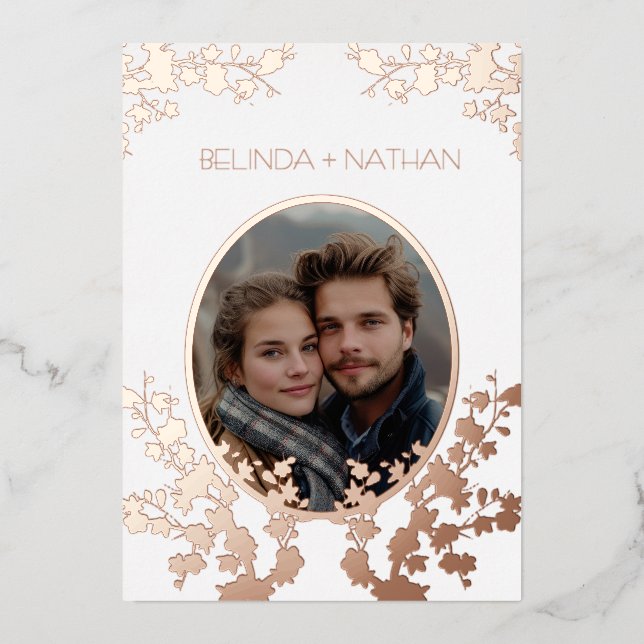 Invitación Con Relieve Metalizado Photo Cherry Blossom  Rose Gold White (Anverso)