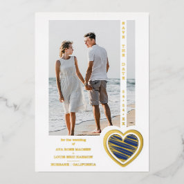 Invitación Con Relieve Metalizado Photo Chic Elegant Navy Blue & Golden Heart Couple
