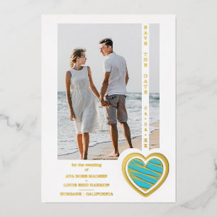 Invitación Con Relieve Metalizado Photo Chic Elegant Turquoise & Golden Heart Couple