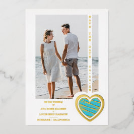 Invitación Con Relieve Metalizado Photo Chic Elegant Turquoise & Golden Heart Couple