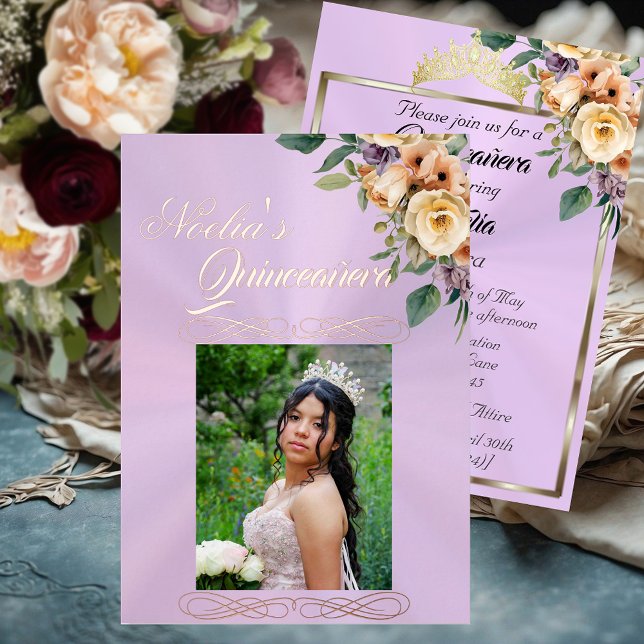 Invitación Con Relieve Metalizado  Photo & Floral on Pastel Lavender Quinceanera  (Subido por el creador)