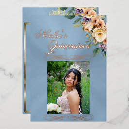 Invitación Con Relieve Metalizado Photo & Floral - Pastel Blue Quinceanera