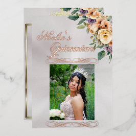 Invitación Con Relieve Metalizado Photo & Floral - White Pearl Quinceanera