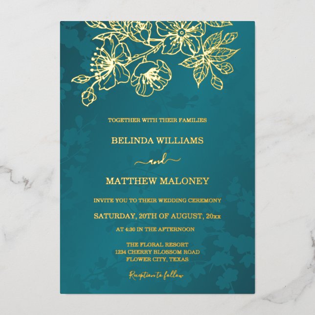Invitación Con Relieve Metalizado PHOTO  Gold Teal Floral Wedding (Anverso)