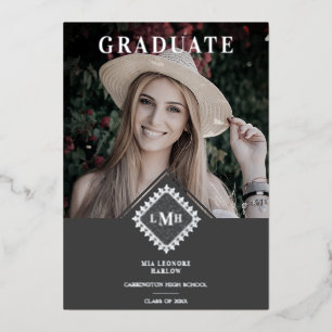 Invitación Con Relieve Metalizado Photo Graduation Chic Initial Lace Effect Romantic