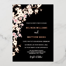 Invitación Con Relieve Metalizado PHOTO Pink Rose Gold Cherry Blossom Wedding