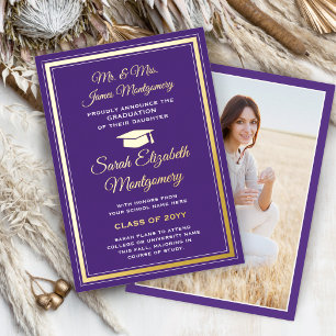 Invitación Con Relieve Metalizado Photo Purple and Gold Foil Graduation Announcement
