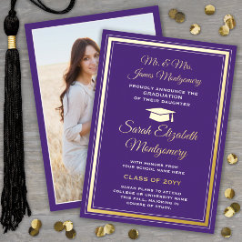 Invitación Con Relieve Metalizado Photo Purple and Gold Foil Graduation Announcement