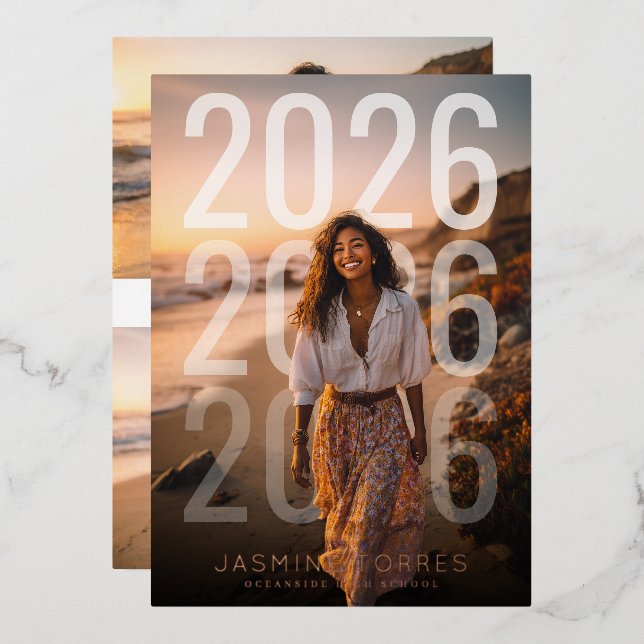 Invitación Con Relieve Metalizado PhotoPop Minimal Year Overlay Graduation (Anverso/Reverso)