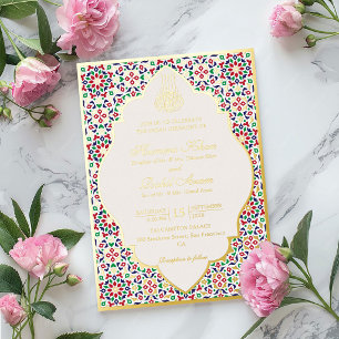 Invitación Con Relieve Metalizado Piedras de terracota de mosaico marroquí boda islá