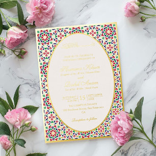 Invitación Con Relieve Metalizado Piedras de Terracota Mosaico Marroquí Boda Islámic