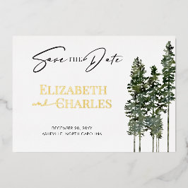 Invitación Con Relieve Metalizado Pine Trees Minimalista Elegante Guardar La Fecha