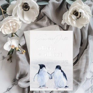 Invitación Con Relieve Metalizado Pingüinos Plateado Invierno Elegante Save The Date
