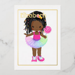 Invitación Con Relieve Metalizado Pink and Gold African American Candy Tutu Cumpleañ