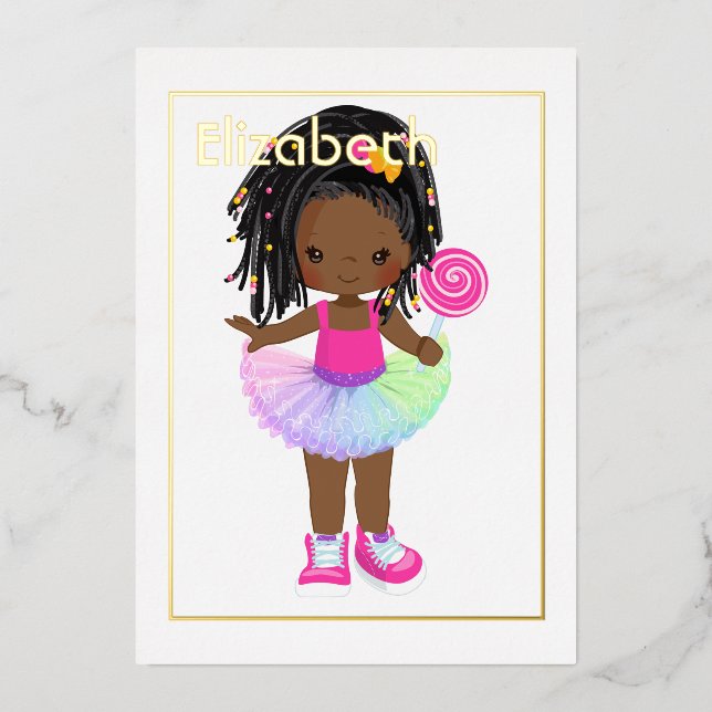 Invitación Con Relieve Metalizado Pink and Gold African American Candy Tutu Cumpleañ (Anverso)
