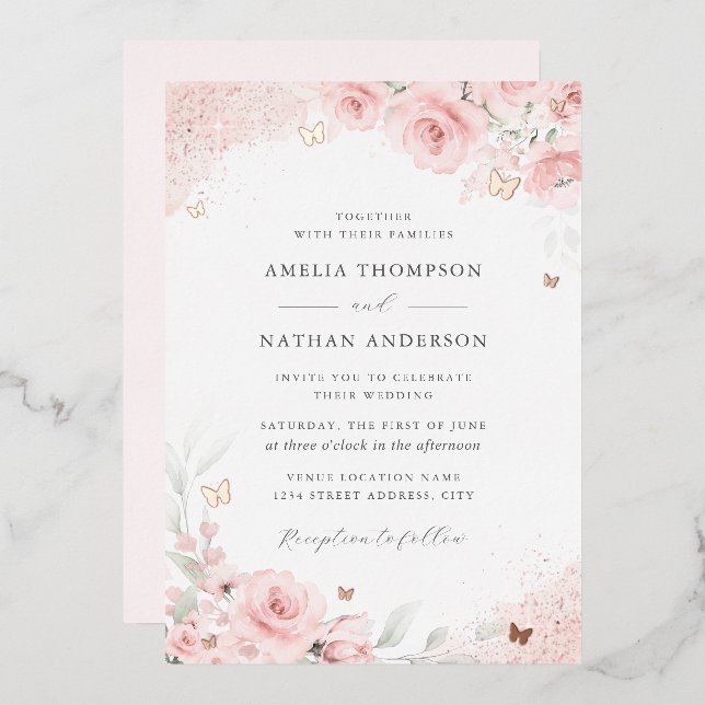 Invitación Con Relieve Metalizado Pink Blush Rose Gold Butterfly Wedding   (Anverso/Reverso)