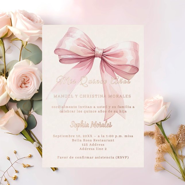 Invitación Con Relieve Metalizado Pink bow cream elegant rose gold Quinceanera (Subido por el creador)