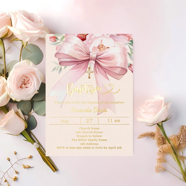 Invitación Con Relieve Metalizado Pink bow cream florals girl Baptism gold (Subido por el creador)