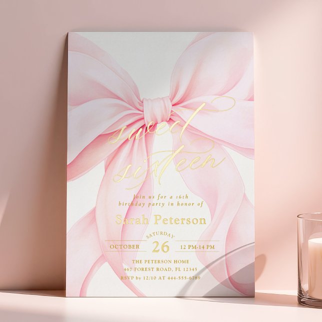 Invitación Con Relieve Metalizado Pink Bow Sweet Sixteen Birthday Foil Invitation (Subido por el creador)