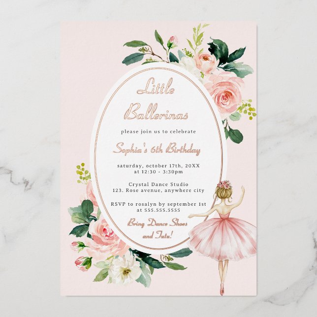 Invitación Con Relieve Metalizado Pink Floral Ballerina Kids Cumpleaños (Anverso)