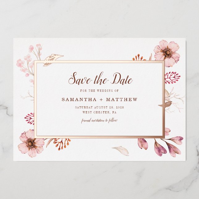 Invitación Con Relieve Metalizado Pink Floral Botanical Save the Date Boda (Anverso)